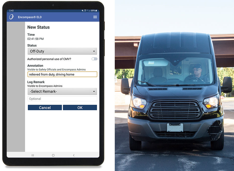 Tablet with Off Duty status screen and sprinter vehicle