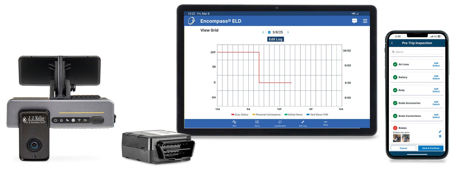 Encompass dash cam, telematics device, tablet, phone