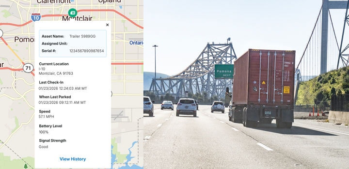 Asset Tracking pop up and image of truck and trailer on highway