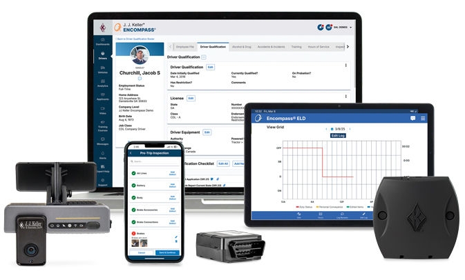 Encompass back office screen, Compliance Tablet displaying HOS,  dash cam, DVIR, ELD, tracker