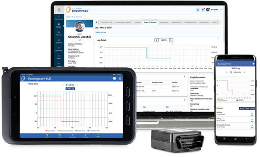 Encompass ELD device and HOS screen on tablet, laptop, phone