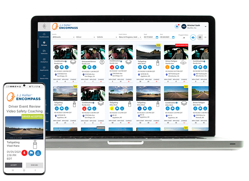 Laptop with video events on screen and phone with video