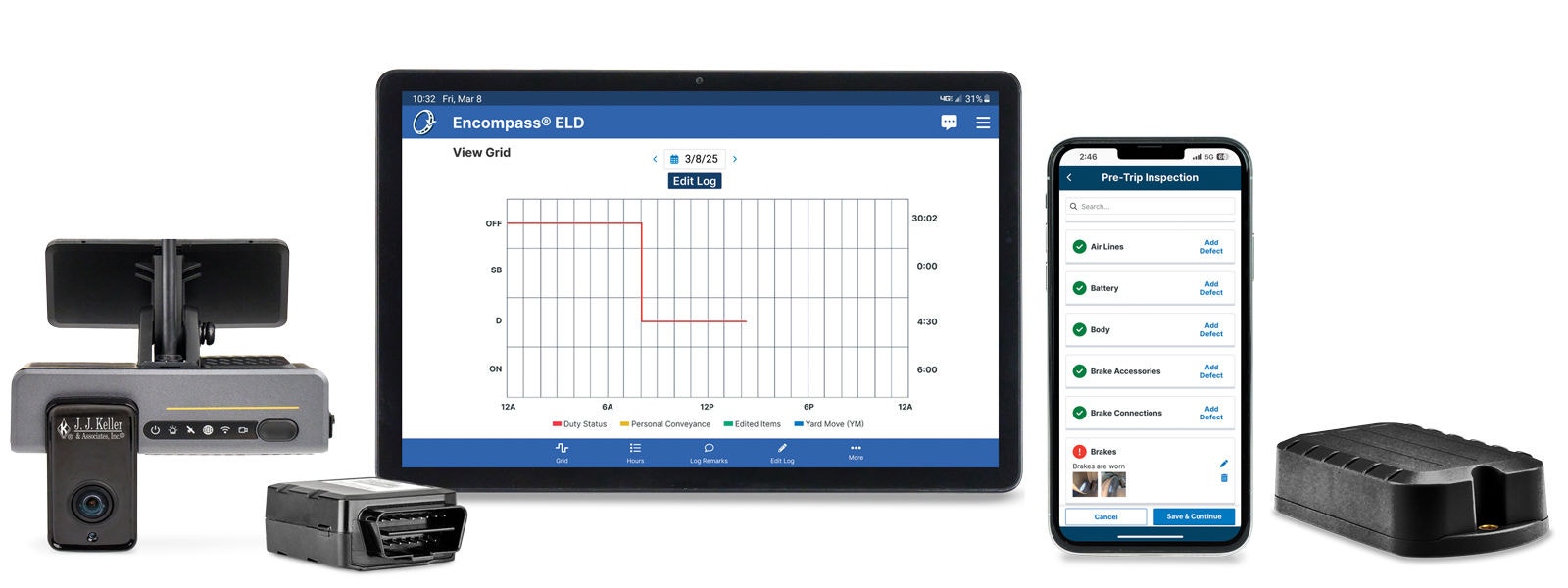 dash cam, VT100, tablet with HOS screen, DVIR on phone, AT100 asset tracker