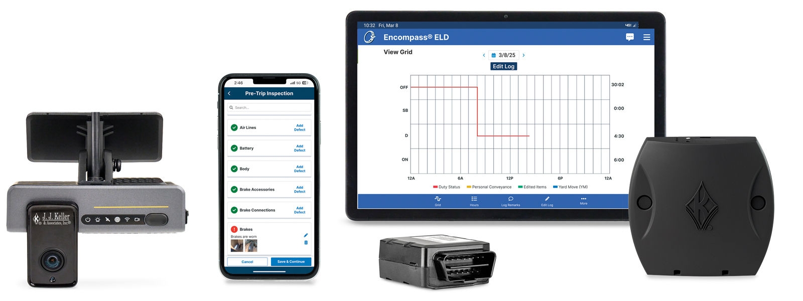 Encompass technology devices: dash cam, dvir, tracker, tablet, eld