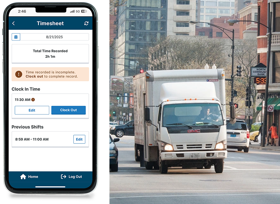 App timesheet and box truck on city street