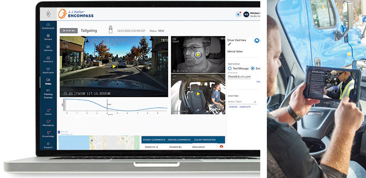 Encompass Video on laptop and Driver taking training on tablet