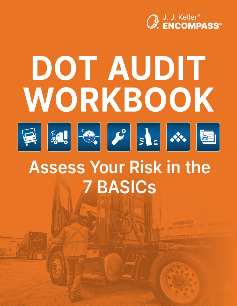 62342-DOT-Audit-Workbook-CSA-7-BASICs-cover art with title and image of person entering cab of truck
