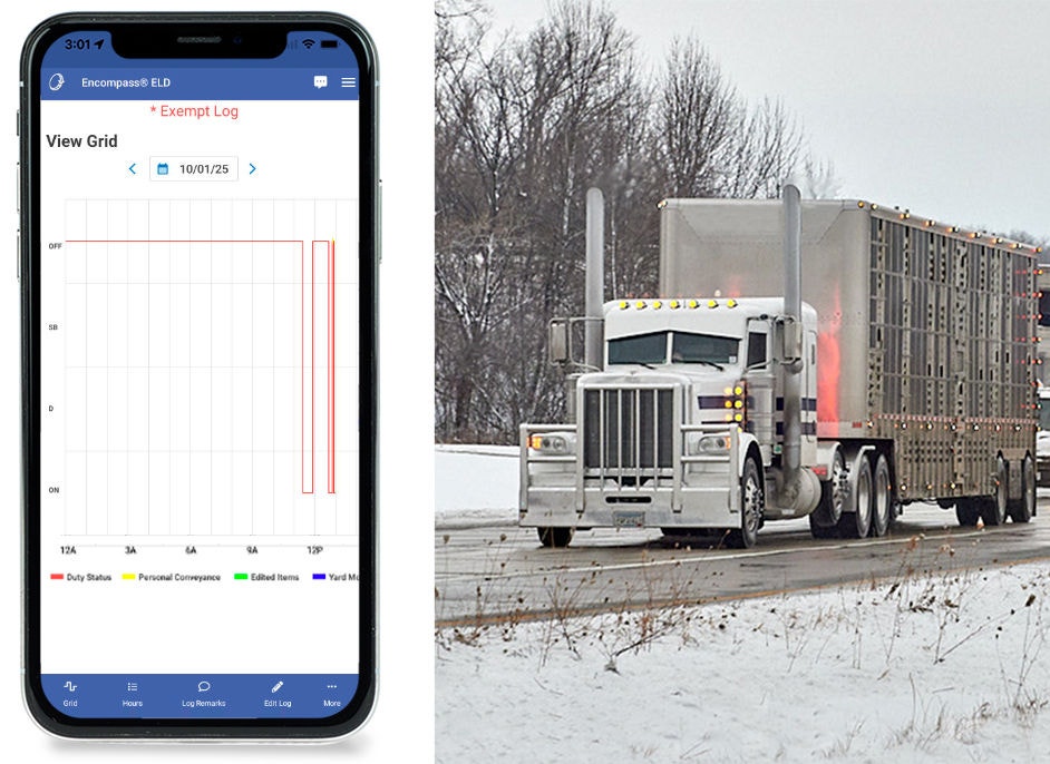 Exempt screen on tablet and image of cattle truck on road
