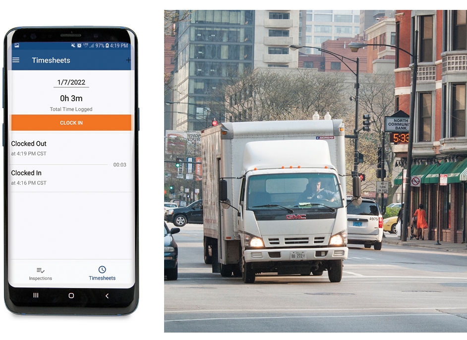 DVIR app and box truck on city street