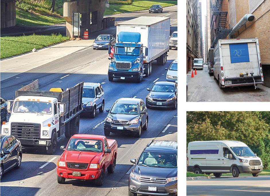 Trucks on busy highway, waiting in alley, on neighborhood street