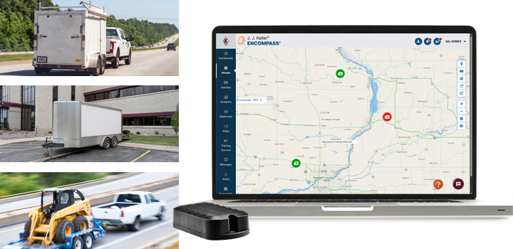 Two truck and Trailers, Parked trailer and laptop with tracker device