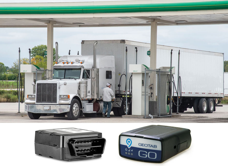 Man fueling truck and two tracking devices shown below