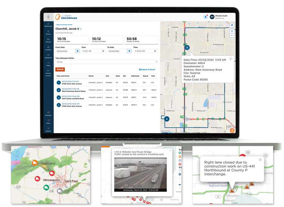 Vehicle tracking on laptop screen with weather, traffic insets