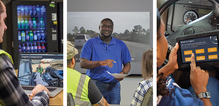 Drivers receiving training programs on laptop, classroom and tablet