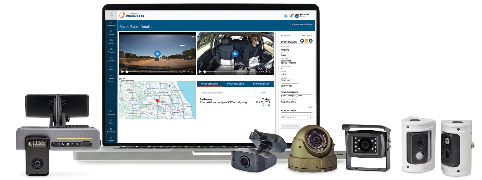 VideoProtects for Encompass dash cameras and laptop showing backoffice