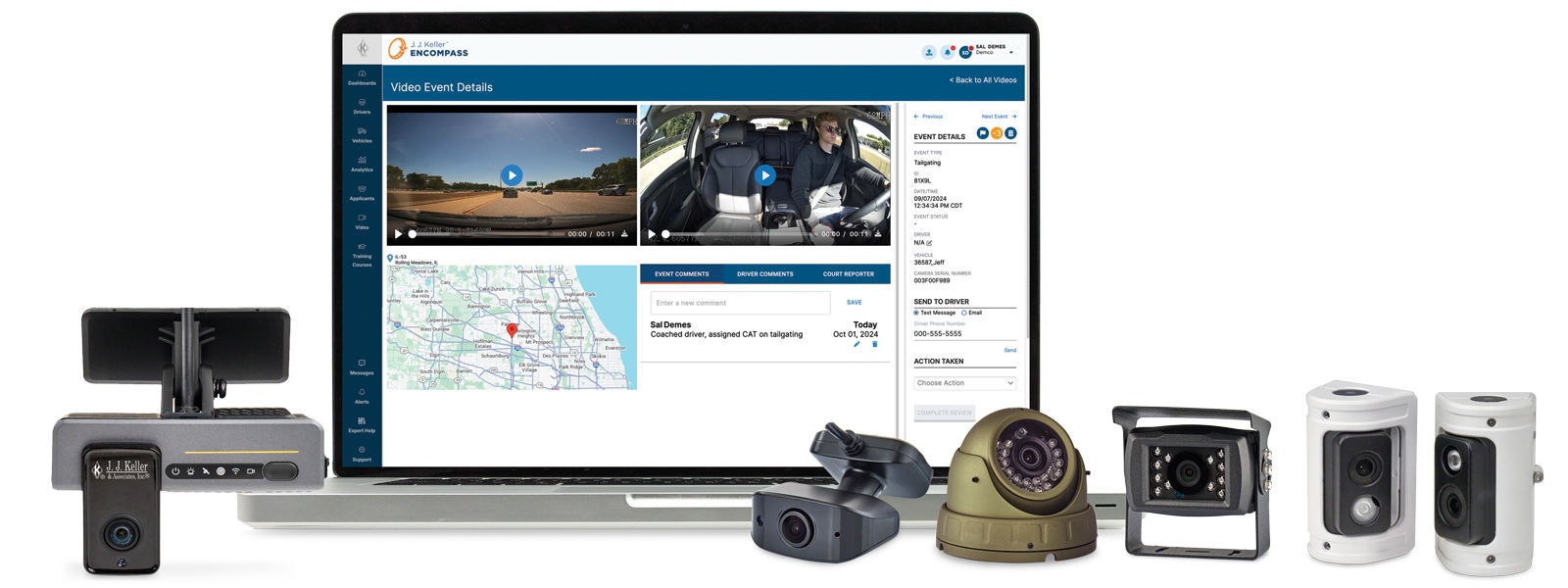 VideoProtects for Encompass dash cameras and laptop showing backoffice