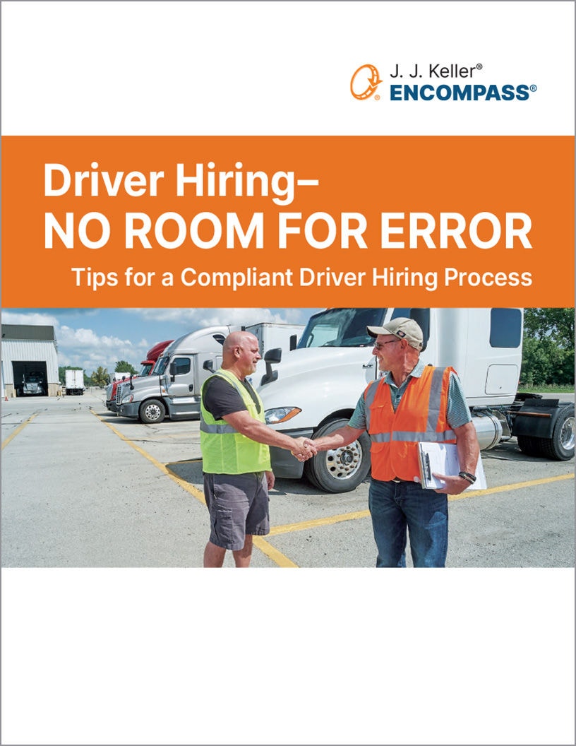 Driver Hiring-No Room for Error Encompass WP 64592 cover image with text and drive rand manaer shaking hands near semi trucks
