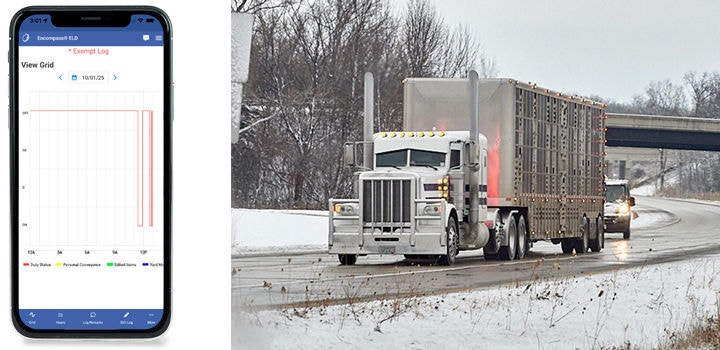 Exempt driving screen on device and image of cattle truck on road